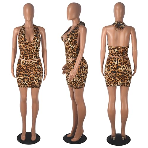 Image of PORRCEY Women Sexy Casual 2 Piece Leopard Cheetah Print Mini Dress