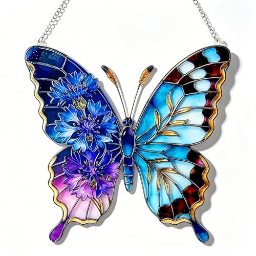 Stained Glass Window Hanging Blue & Mauve Cornflower Butterfly Suncatcher Large Real Glass Decor for Home Garden Patio Elegant Gift for Women Mom Grandma Mothers Day Birthday (L8.66 x W8.97 Inch)