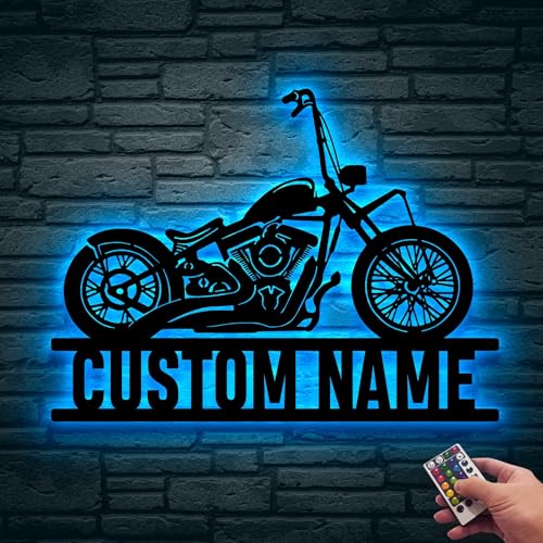 Image of Custom Motorcycle Metal Sign With LED Light, Motorcycle Metal Wall Art, Motorcycle Garage Name Sign Personalized, Garage Decor, Motocross Rider Gift