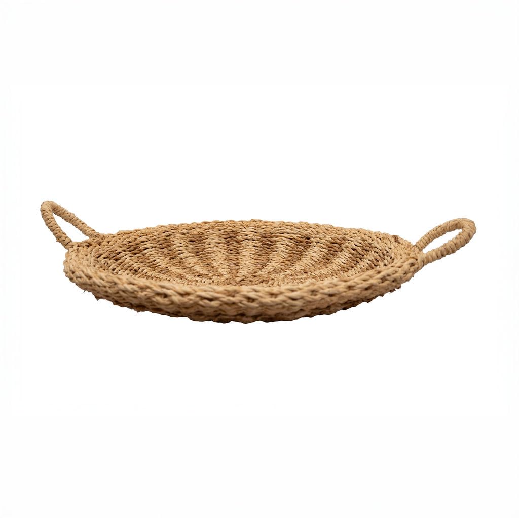 Arthur Cameron - Bagshi Handwoven Natural Seagrass Tray – Round Decorative Tray & Versatile Serving Tray with Handles – Artisanal Coffee Table Organiser or Wall Display (Small)