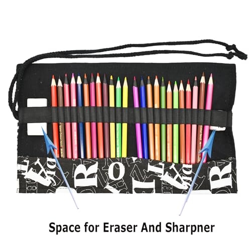 Image of Letters Pattern Colored Pencil Wrap Canvas Pencils Roll Up Holders Pencil Roll Organizers for Artist Adult Coloring Travel Storage With 48 Slots(Letters)