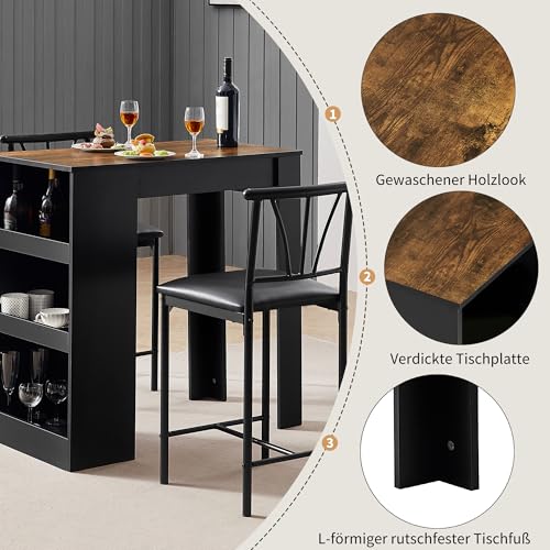 VECELO Bartisch mit Barhocker Set, Stehtisch mit 2 PU-gepolsterten Stühlen und 3 Seitenregalen, Küchentisch im Industrie-Stil für Esszimmer, Küche oder Wohnzimmer, Vintagebraun