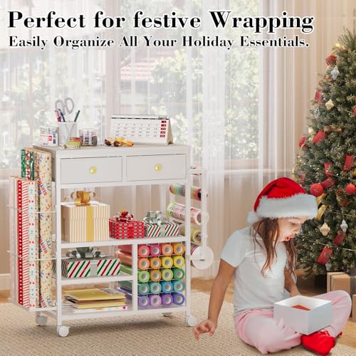 Image of Large Craft Wrapping Paper Organizers Cart, Rolling DIY Storage for Birthday with 2 Fabric Drawers, Lockable Wheels Cart for Vinyl Roll, Craft Supplies, Multi-Tier Craft Tape Holder