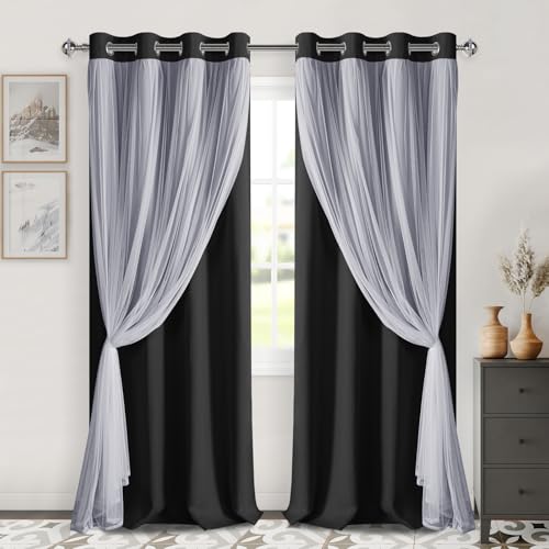 Image of DWCN Black Blackout Curtains with Sheer Overlay with Tiebacks 96 Inch Long