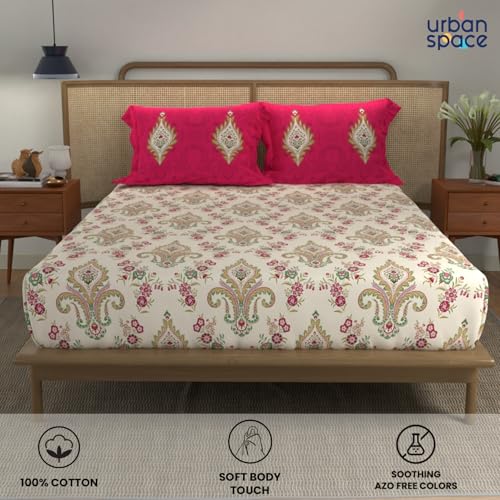 Image of Urban Space Divine 144TC 100% Cotton Printed Bedsheet for Double Bed, Double Bed Sheet Cotton with 2 Pillow Covers and 3 Cushion CoversWith Giftbox (Motif Red - High Garden Red, Size 88 X 100 Inches)