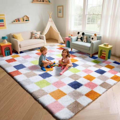 KICMOR Rugs for Living Room 5x7, Fluffy Soft Colorful Checkered