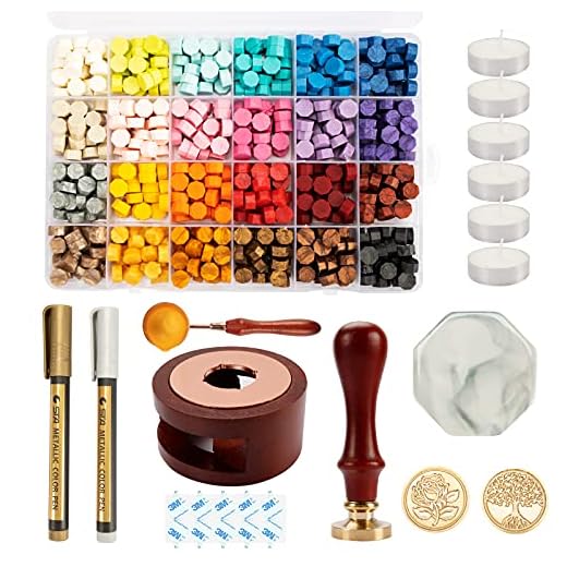 644 Piezas Juego de Sellos de Cera, 24 Colores Sellos de Lacre Kit, 600 Cuentas de Sello Cera/Calentador de Cera/Alfombrilla de Cera/Pegatinas para Decorar Sobres Cartas Bodas Invitacione