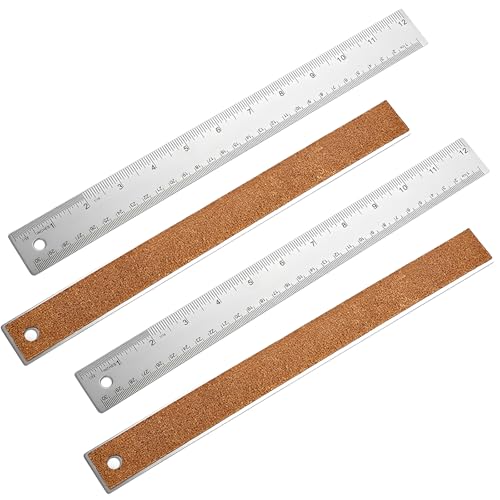4Pcs 12 Inch Metal Ruler, Stainless Steel Rulers with Cork Backing, Imperial and Metric, Non-Slip...