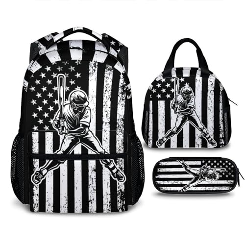Kids Backpack for Boys, Baseball Bookbags with Lunch Box Bundle for Primary Middle School, Lightweight Baseball Bookbag Set for Sports Lovers, Back to School Gifts