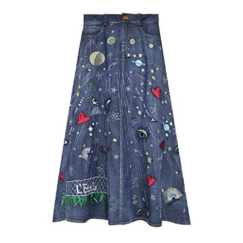 CHARTOU Women's High Waist Embroidery A Line Flared Midi Long Denim Skirts (X-Small, Blue)