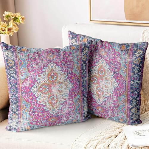 ZSYTZL Boho Throw Pillow Covers 18x18 inch Set of 2,Soft Pillowcases Bohemia Carpet Printing Pattern Decorative Sofa Living Room Bed Square Pillow Case Cushion Cover-Purple