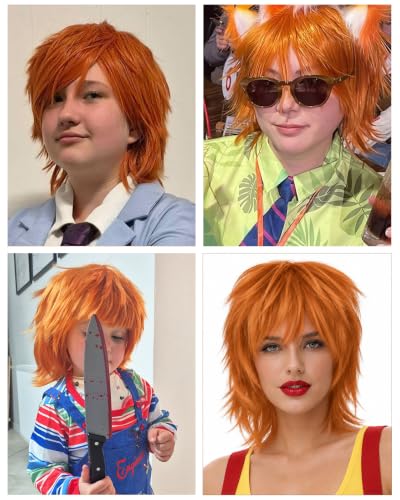 Image of Rose bud Orange Anime Wig Cosplay Layered Wigs with Bangs for Women Men