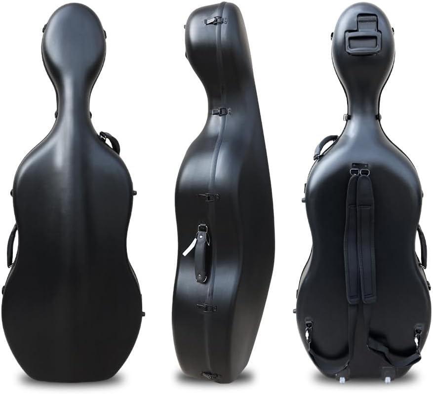 Vetimobato Carbon Fiber Cello Case for 4/4 Full Size Hard Shell with Wheels, Built-in Handle, Backpack Straps,โ Bow Holders Cello Accessories Box Strong & Ultralight (Black)