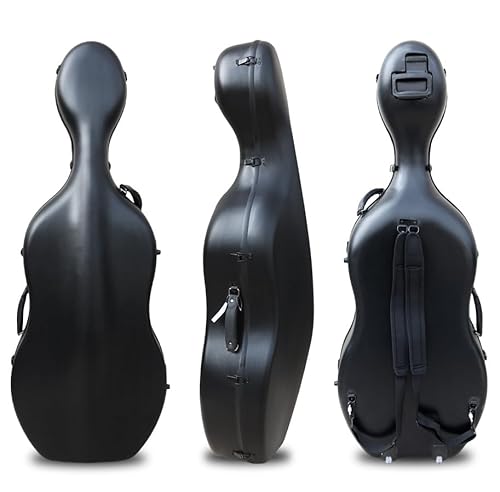 Vetimobato Carbon Fiber Cello Case for 4/4 Full Size Hard Shell with Wheels, Built-in Handle, Backpack Straps,​ Bow Holders Cello Accessories Box Strong & Ultralight (Black)