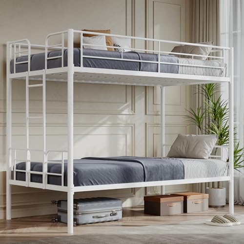 Image of DUMOS Metal Bunk Bed Frame Twin Over Twin Size with Ladder and Guardrail, Sturdy Heavy Duty Slats Support Bed, Space Saving, No Box Spring Needed, White