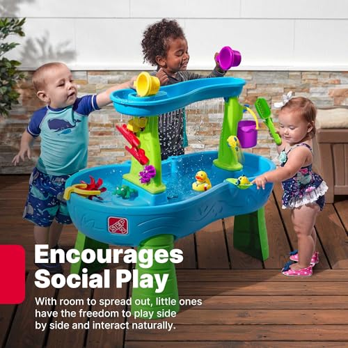 Image of Step2 Rain Showers Splash Pond Water Table for Kids with Cover, Toddler Outdoor Sensory Playset, 13 Accessories, Blue and Green, Ages 18 Months+