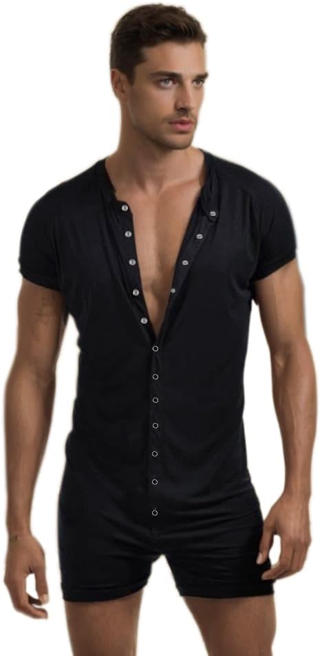 Mens Short Sleeve Onesie Pajamas Sexy Lounge One Piece Jumpsuit Adult Stretchy Romper