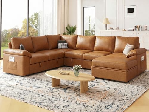 Image of 108 Inch Faux Leather Modular Sectional Sofa with Pull Out Bed,U Shaped 7 Seat Sectional Sleeper Sofa with Storage,Sectional Couches for Living Room,Cloud Modular Couch,Brown Leather
