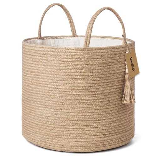 DelSol 60L Extra Large Round Blanket Basket Nursery Woven Cotton Rope Baskets for Storage Pillows Clothes Toy Organizer Laundry Hamper with Handle 40.5x35cm(Jute)