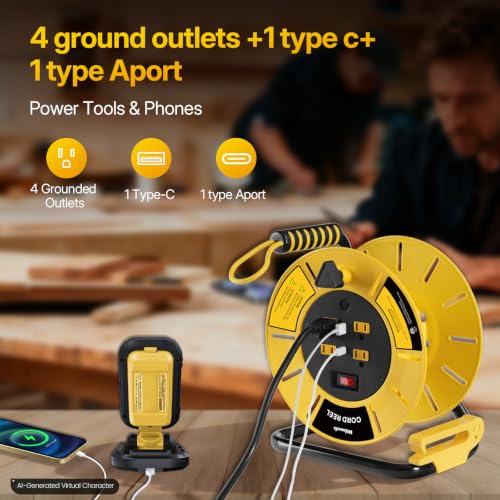 Image of Extension Cord Storage Reel with 4-Grounded Outlet & 2 USB Port, 15A Circuit Breaker, Heavy Duty Open Cord Reel for 12 /3,14 /3 Gauge Power Cord, Hand Wind Retractable,ETL Listed Yellow Y85CR06
