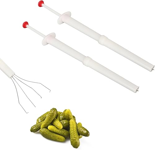 2 piezas Pickle Pickle, Pincher de acero inoxidable y plástico Deluxe, tenedor de pepinillos para aceitunas, pimientos, frutas, carne, para cocina,