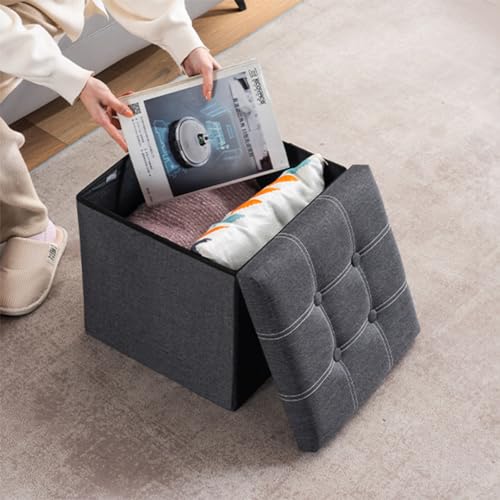 Decor & More Engineered Wood Ottoman Cube, 30*30*30Cm Foldable Storage Box,Footrest Ottoman With Storage Step Stool,Padded Seat With Pocket For Living Room,Foldable Table For Bedroom | Set Of 1 Grey