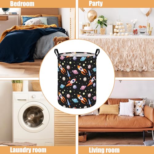 Image of Round Laundry Basket Collapsible Storage Hamper Organizer Planet Rocket | Waterproof Canvas Foldable Baskets with sturdy Handles Multi-scene Organizer for Home Play Bedroom Gift Bin