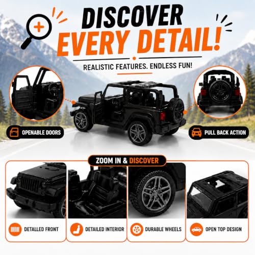 Image of Braintastic Model Diecast Car Toy Vehicle Pull Back Friction with Openable Doors Light & Music Toys for Kids Age 3+ Years (Thar Jeep Small Black)
