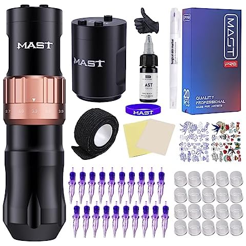 Mast Fold2 Tattoo Gun Kit, Wireless Complete Tattoo Kit, 7 Strokes Length Tattoo Machine, 2 Batteries Power Supply, Pro Tattoo Needles Cartridges Black Inks QP-047 Cover