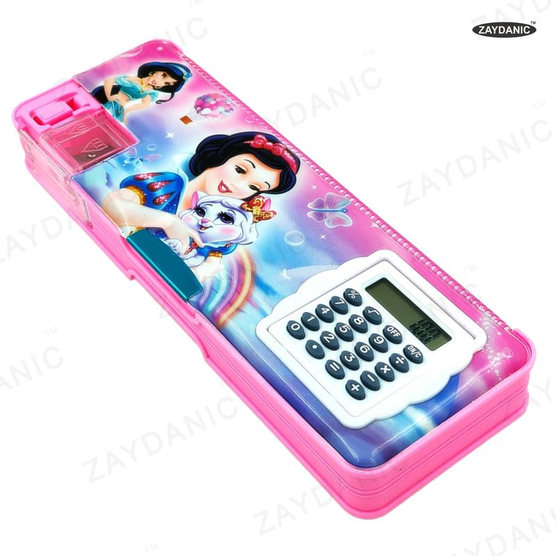 Image of Disney Princess Pencil Box Integrated Sharpener and Calculator, Magnetic Lock, Dual Compartments, Cartoon Stationery Case School Kit for Girls, Kids, Students Combo Set of 5in1