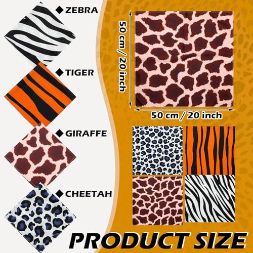 Toulite 24 Pcs Animal Print Bandana Pattern Scarves 4 Styles 20x20 Inch Bandanas for Women Men, Halloween Fashion Head Wrap Neck Scarf (leopard/tiger/zebra/giraffe)2