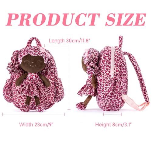 Image of Gloveleya Toddler Backpack Baby Girl Gifts Curly Hair Plush Doll Dress Backpack Kids Backpack Curly Hair Animal Edition - Pink Leopard 11''