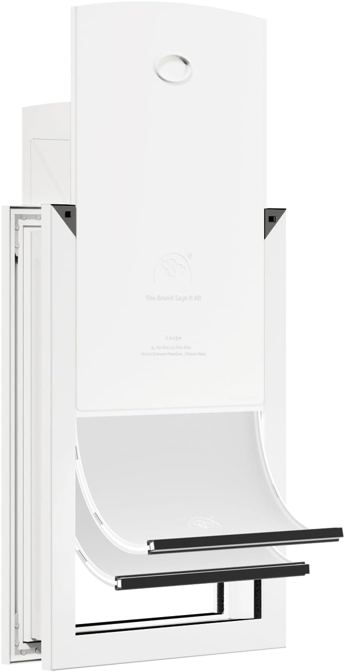 HARDLIGHT Aluminum Frame Dog Door - Up to 90 LBS, Double Soft Flaps with Magnetic Closure, Adjustable Telescoping Tunnel Large Dog Door with 2 Sliding Panels, Easy Install, Snow White, Large