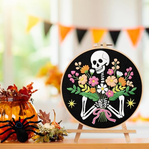 Image of Louise Maelys Halloween Skeleton Flower Embroidery Kit for Beginners Adults | Needlepoint kit Includes 1 Printed Fabric, 7.9'' Hoop, Threads, 2 Needles and Instructions. Cross Stitch Kits for Home Decor