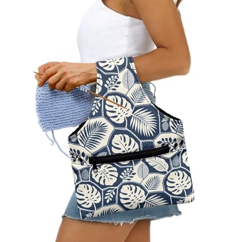 Image of ZUXONGSY Monstera Leaf Yarn Bags for Knitting Tropical Leave Yarn Tote Bag for Women Floral Portable Knitting Project HanbBag for Crochet Hooks
