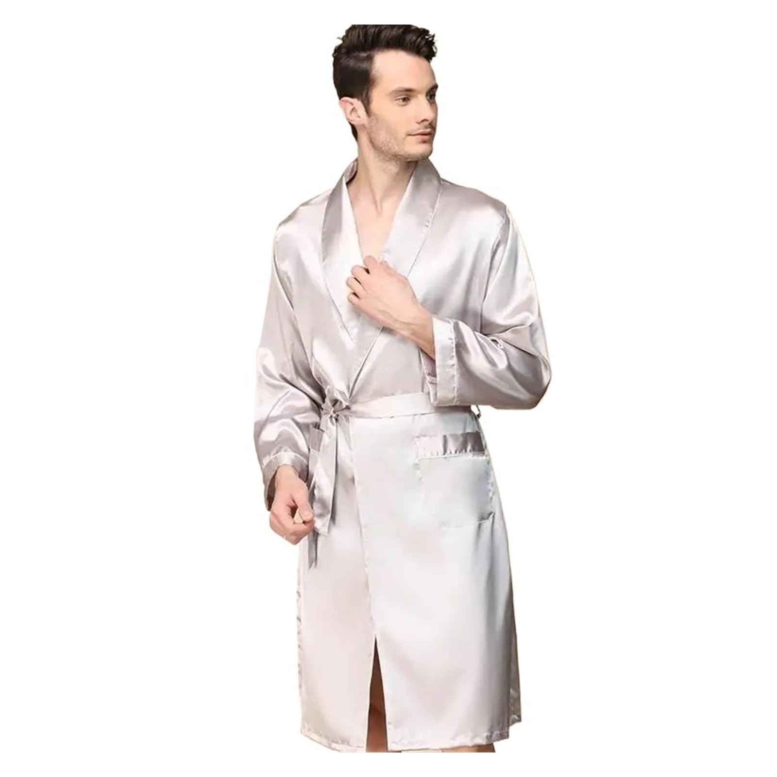 QWWQYDY Satin Robe Men 3XL 4XL 5XL Robe Men Summer Single Nightgown Satin Bathrobe Kimono Gown Long Sleeve Home Dressing Gown(Sliver 1,5XL)