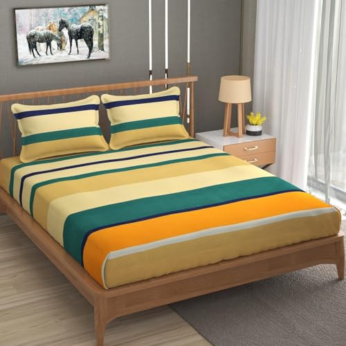 Image of Prime Collection - 180 TC Glace Cotton Double Bedsheet (90x90 Inches) with 2 Pillow Covers - Luxuriously Soft and Gentle on The Skin (Green & Yellow Striped)