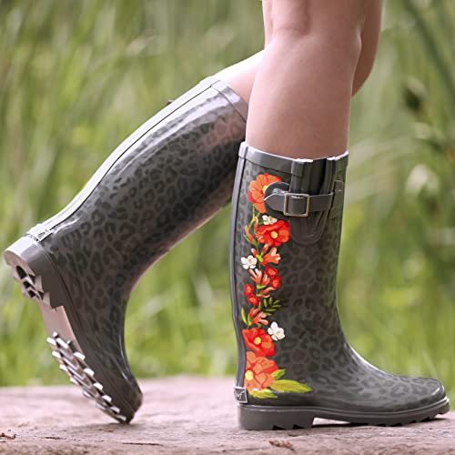 Landchief Rain Boots For Women, Ladies Tall Waterproof Rubber Boots For Garden, Size 11, Red Flowers #TOP1