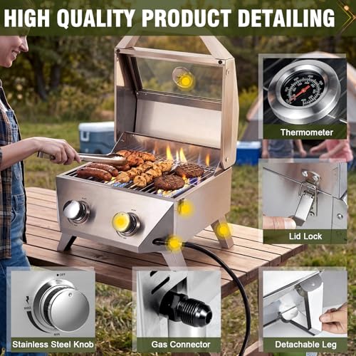 Image of Bestfire 2-Burner Tabletop Gas Grill with Viewing Glass Lid, 20,000 BTU Stainless Steel Portable Propane BBQ Grill, Built-in Thermometer & Push-Button Ignition, for Outdoor Camping, RV, Tailgating