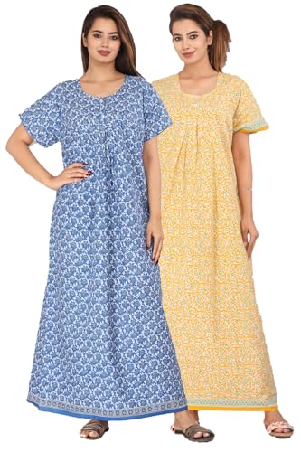 Image of Kuruti B Sheets Cotton Nighty for Women Jaipuri Print 2 Button Round Neck Short Sleeve Night Gown | Maxi Dress