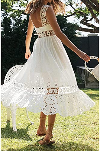 Jastie Summer Boho Lace Slip Women Long Dress Square Neck Knitted Flower Maxi Dress Elegant Retro Chic Clothing (White, Small) #TOP5