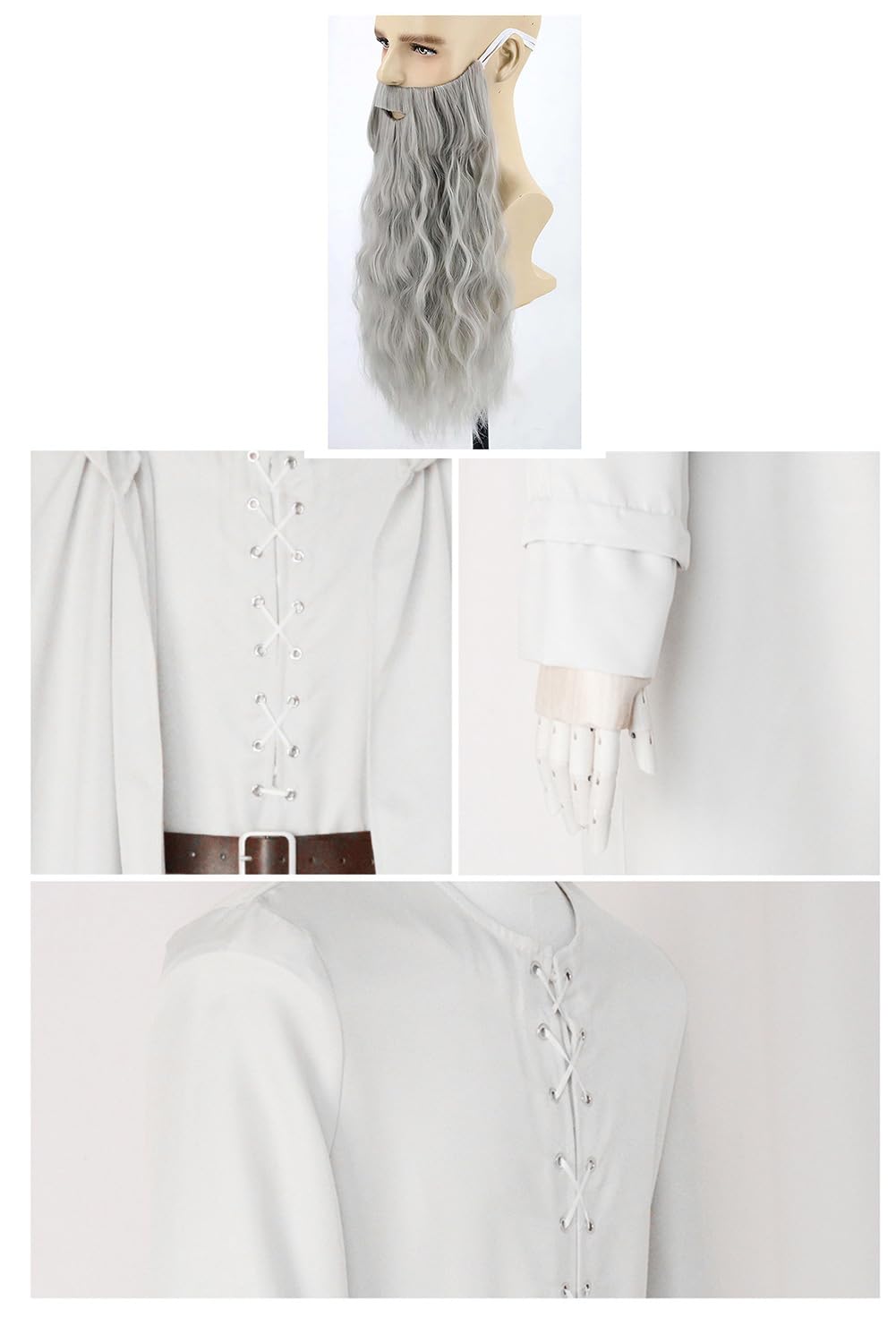 Gandalf Disfraz de cosplay blanco capa con capucha de mago, túnica larga, camiseta y cinturón, juego de disfraz de Gandalf, color blanco, capa medieval de monje para Halloween