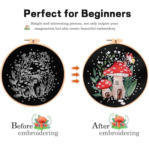 Image of KESTAR Embroidery Starter Kit, Mushroom Butterfly Embroidery Kit for Adults Beginners, Cross Stitch Kits with Embroidery Cloth Hoops Needles Instruction and Threader