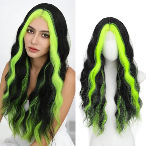 YBYMCAI Black with Neon Green Highlights Wig Long Wavy Wigs for Women Middle Part 26 inch Natural Curly Synthetic Wig Heat Resistant Fiber Wigs for Daily Party Use