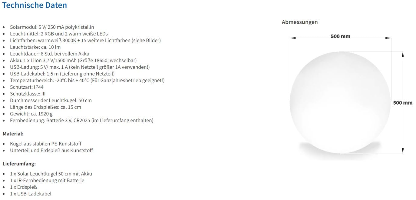Esotec Solarkugel für den Garten Siena 50, multicolor, 50cm, Fernbedienung, USB, 16 Leuchtfarben, Akku, Solarmodul, Erdspieß, Solarleuchte, Kugelleuchte, außen, winterfest, wetterfest, 102893