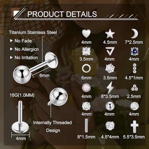 18Pairs 18G Titanium Stainless Steel Stud Earrings Set for Women Men Hypoallergenic Flat Back Cartilage Earring CZ Moon Star Heart Ball Helix Tragus Lobe Stud 6MM 8MM2