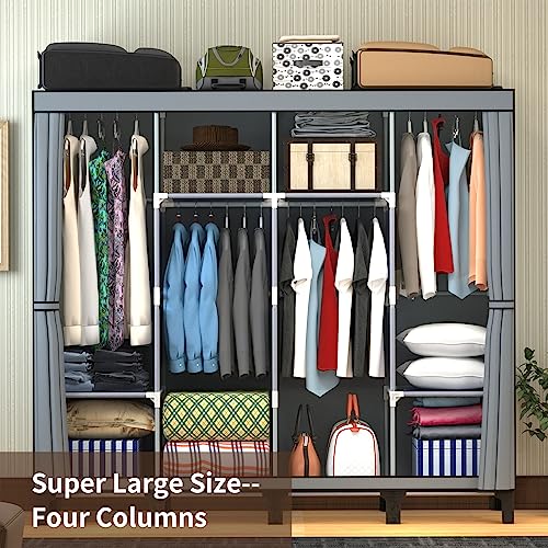 LOEFME Canvas Wardrobe, Four-column Portable Wardrobes for Bedroom, 165 * 45 * 175 cm New Base Design Fabric Wardrobe, Large Storage Space Foldable wardrobe, Grey - Image 4