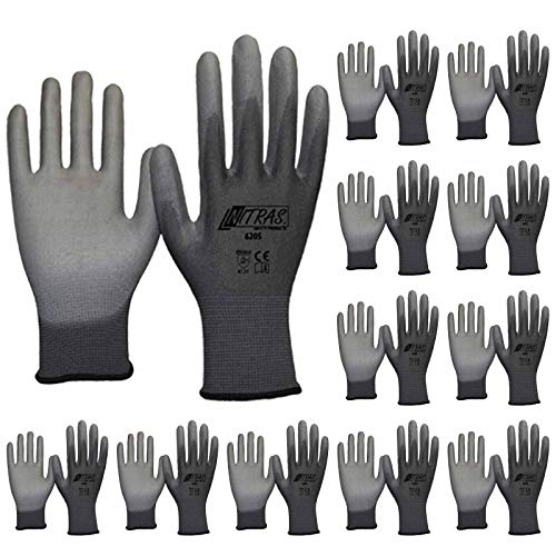 Nitras 3520 Lot de 12 paires de gants de montage 6205 Gris avec revêtement PU