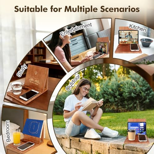 Triangle Book Holder Stand & Reading Valet, Foldable Wooden Book Rest with Cup, Phone, Glasses & Pen Holder, Includes Thumb Page Holder, Ideal Reading Accessory Gift for Book Lovers, Readers