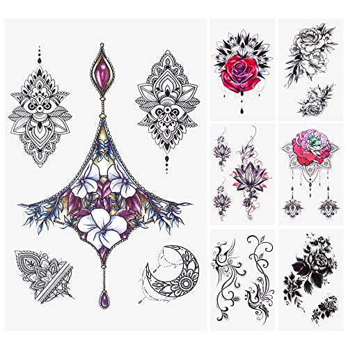 glaryyears 18 Sheets Black Flower Temporary Tattoos for Women, Henna Mandala Rose Fake Tattoo Stickers Waterproof on Arm Shoulder Chest Body Art 4.7''x7.5''